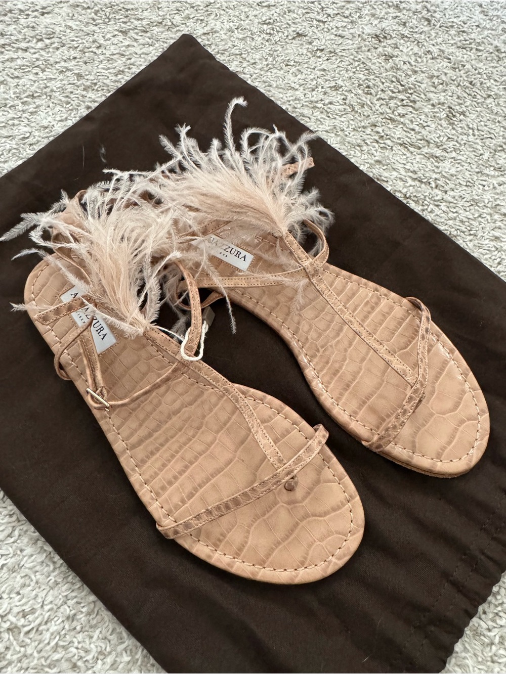 Aquazzura Feather Trim Tan Croc-Embossed Leather Sandals